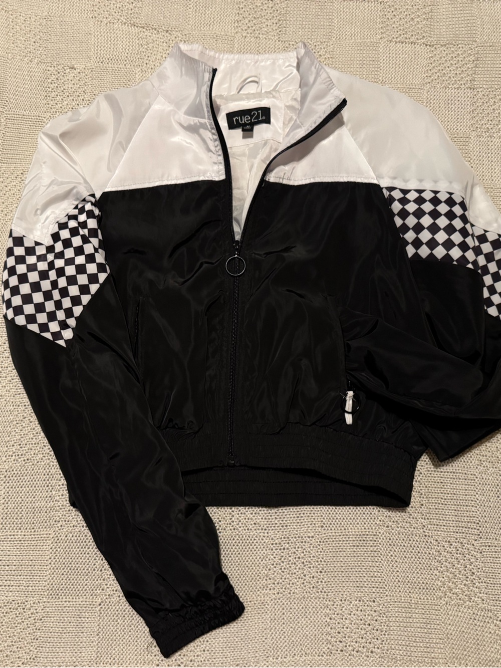 Rue21 Black & White Checkerboard Cropped Windbreaker Jacket M NWOT